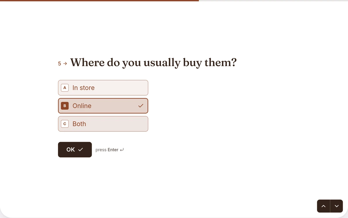 A Forms multiple choice question on the respondent screen, "Where do you usually buy them?", with Online selected from three answers: In store, Online, Both.