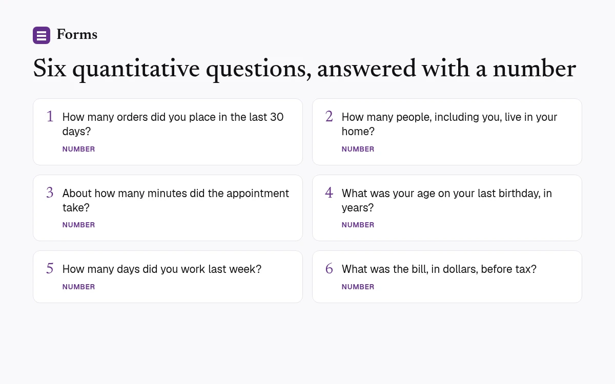 Six quantitative questions a person answers with a number: orders in 30 days, people in the home, minutes, age in years, days worked, and the bill in dollars.