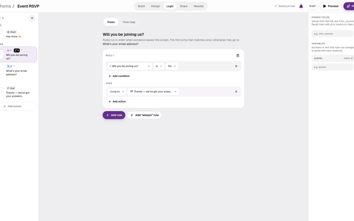 The Forms builder with a Yes/No question and a logic rule that ends the form when the answer is No.