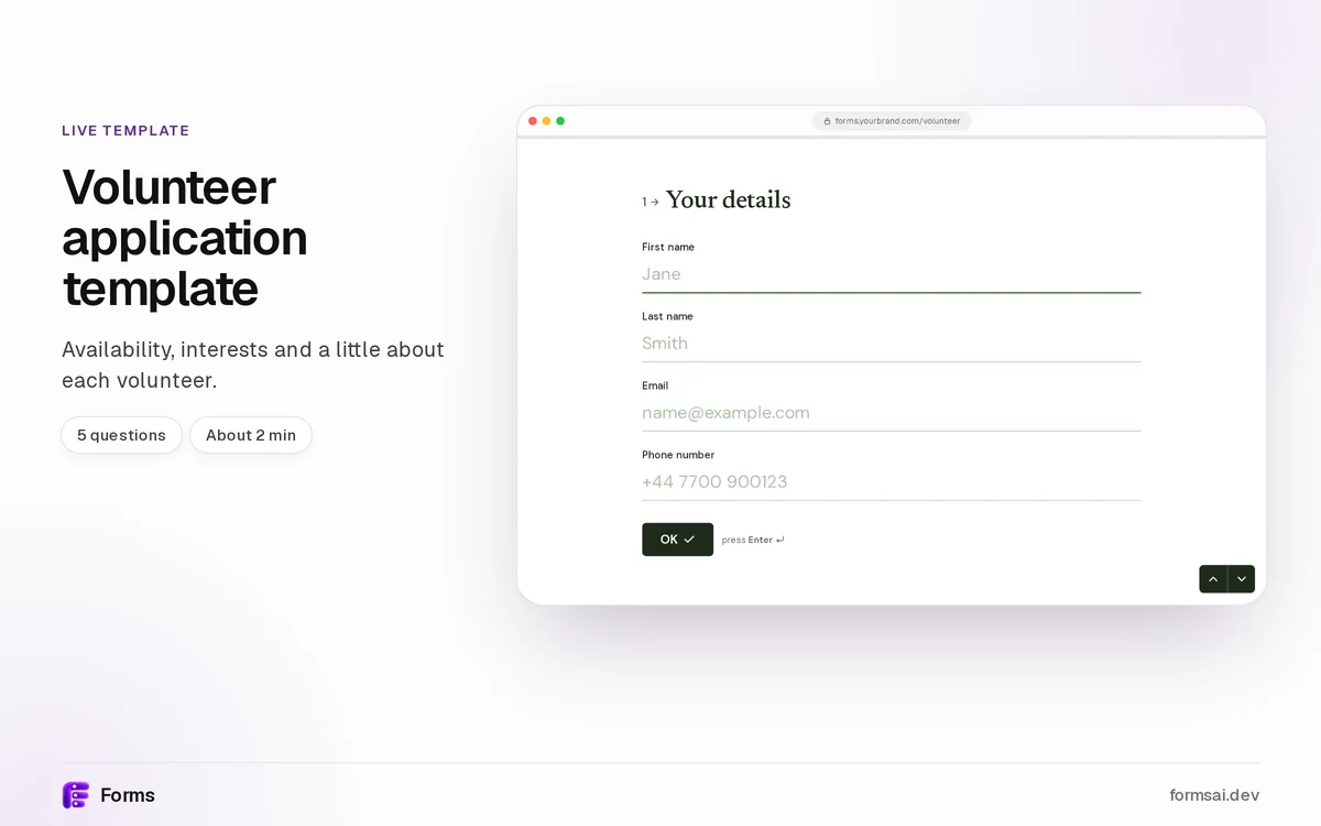 Live preview of the Forms volunteer application template in a browser at forms.yourbrand.com/volunteer, open on its first question, Your details.